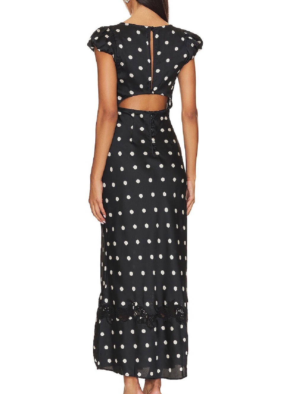 Free People Black Polka Dot Satin Lace Maxi Dress Open Back M NWT - Picture 2 of 6